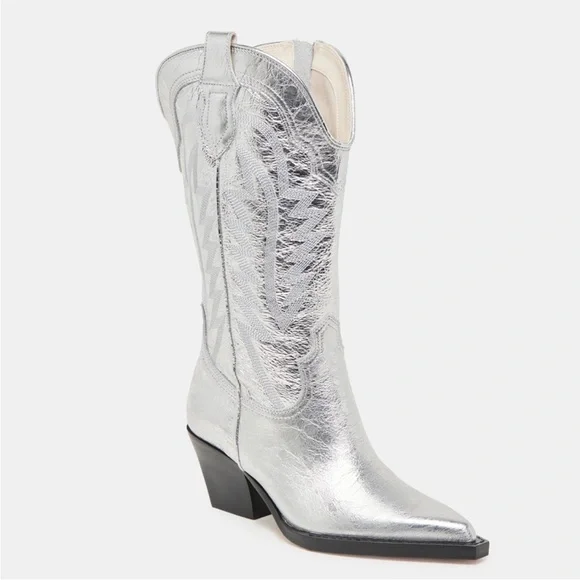 Dolce Vita Ryland Metallic Silver Western Cowgirl Heeled Boots A - Picture 2 of 6